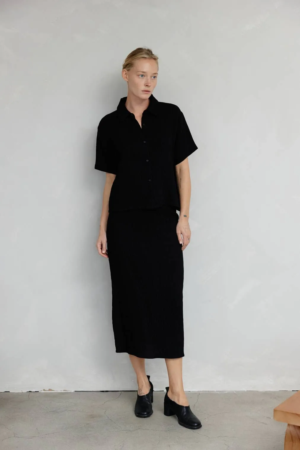 The Miranda Skirt | Textured Midi Skirt with Back Slit