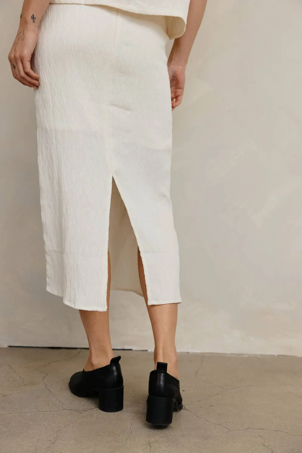 The Miranda Skirt | Textured Midi Skirt with Back Slit