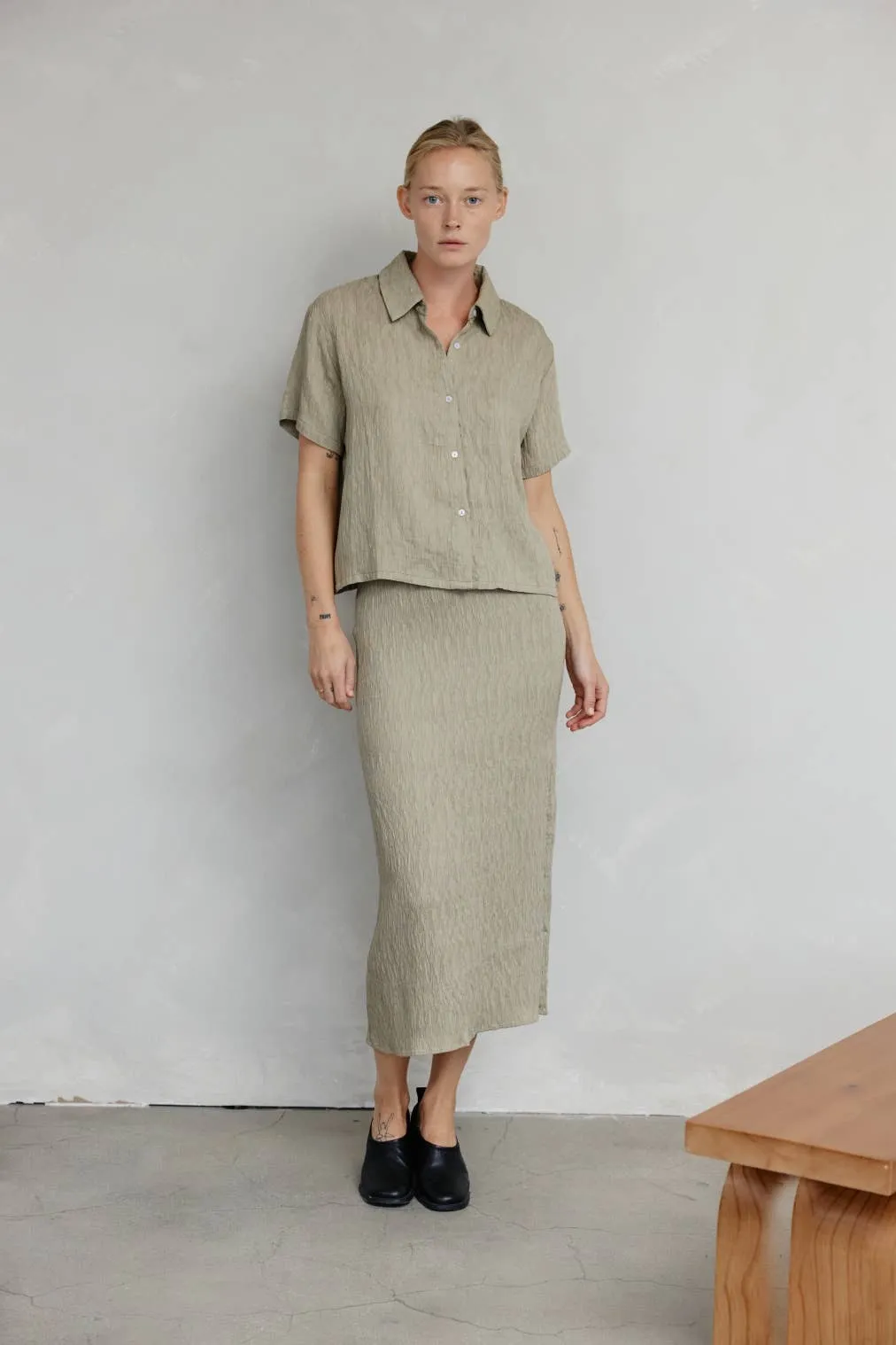 The Miranda Skirt | Textured Midi Skirt with Back Slit