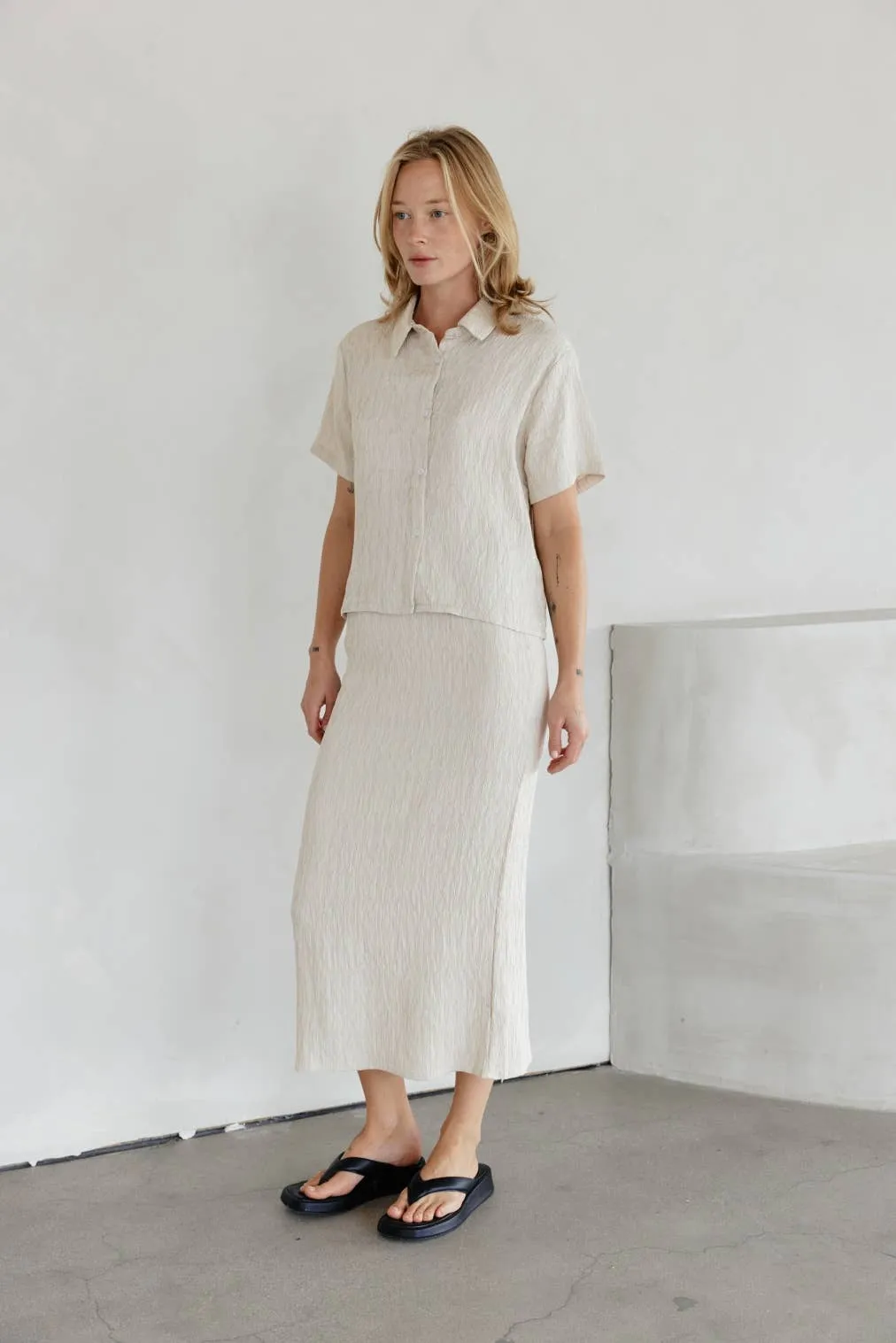 The Miranda Skirt | Textured Midi Skirt with Back Slit