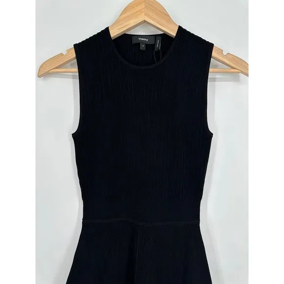 THEORY Rib Knit Flare Dress Fit and Flare Sweater Crepe Sleeveless Mini Black