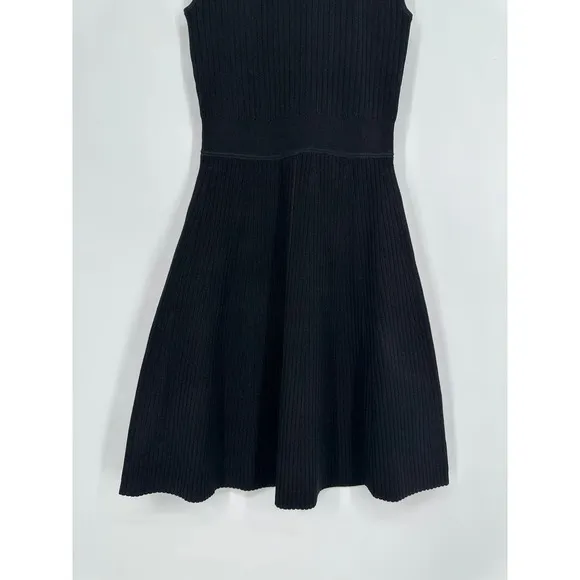 THEORY Rib Knit Flare Dress Fit and Flare Sweater Crepe Sleeveless Mini Black