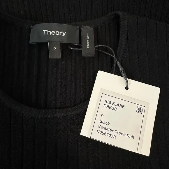 THEORY Rib Knit Flare Dress Fit and Flare Sweater Crepe Sleeveless Mini Black