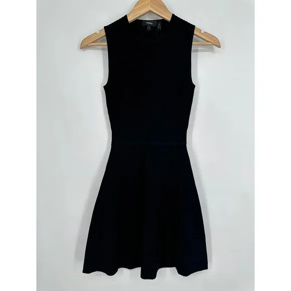 THEORY Rib Knit Flare Dress Fit and Flare Sweater Crepe Sleeveless Mini Black