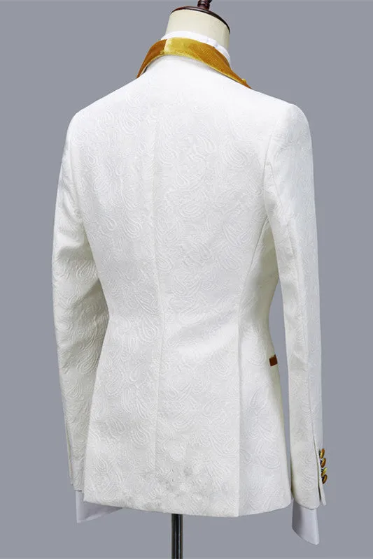 Three Pieces Jacquard White Wedding Men Suit with Velvet Lapel