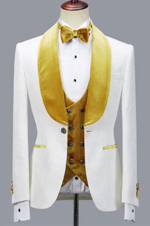Three Pieces Jacquard White Wedding Men Suit with Velvet Lapel