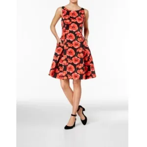 Tommy Hilfiger Fit &amp; Flare Poppy Dress Size 14  Floral Sleeveless Midi Black Red