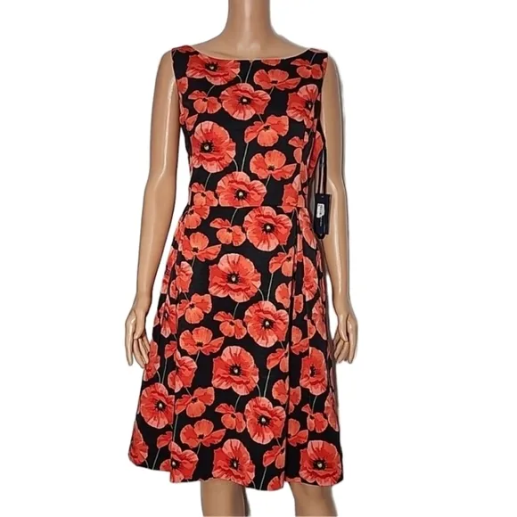 Tommy Hilfiger Fit &amp; Flare Poppy Dress Size 14  Floral Sleeveless Midi Black Red