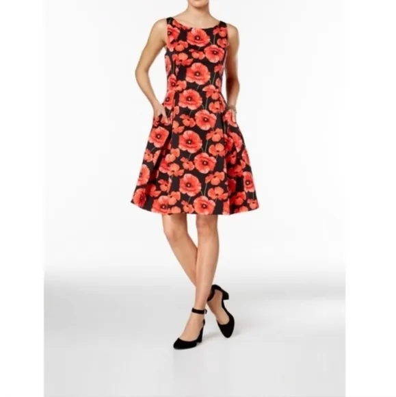 Tommy Hilfiger Fit &amp; Flare Poppy Dress Size 14  Floral Sleeveless Midi Black Red