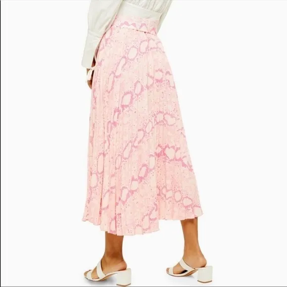 TOPSHOP Snakeskin Print Belted Pink Pleated Midi Skirt New Size Small