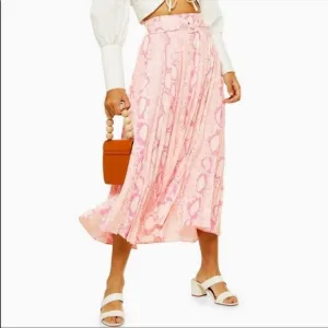 TOPSHOP Snakeskin Print Belted Pink Pleated Midi Skirt New Size Small