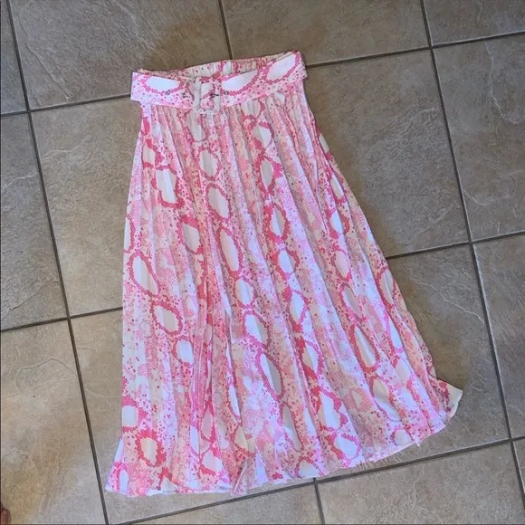 TOPSHOP Snakeskin Print Belted Pink Pleated Midi Skirt New Size Small