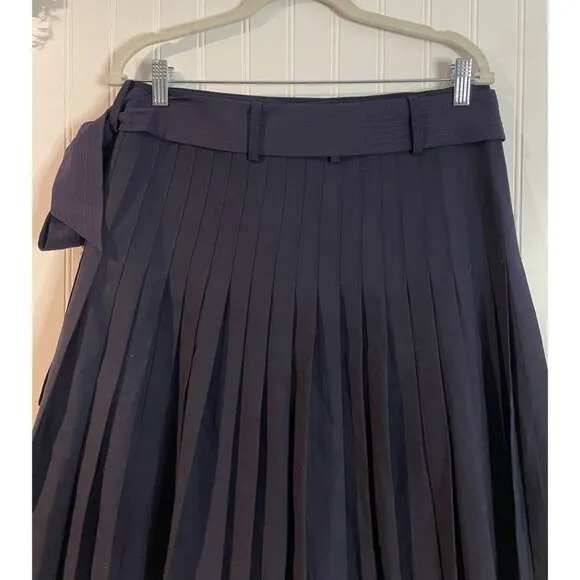 Tory Burch Womens Pleated Navy Skirt With Side Tie 95% Wool  Size 8