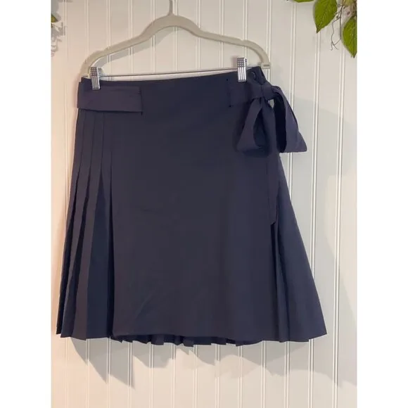 Tory Burch Womens Pleated Navy Skirt With Side Tie 95% Wool  Size 8