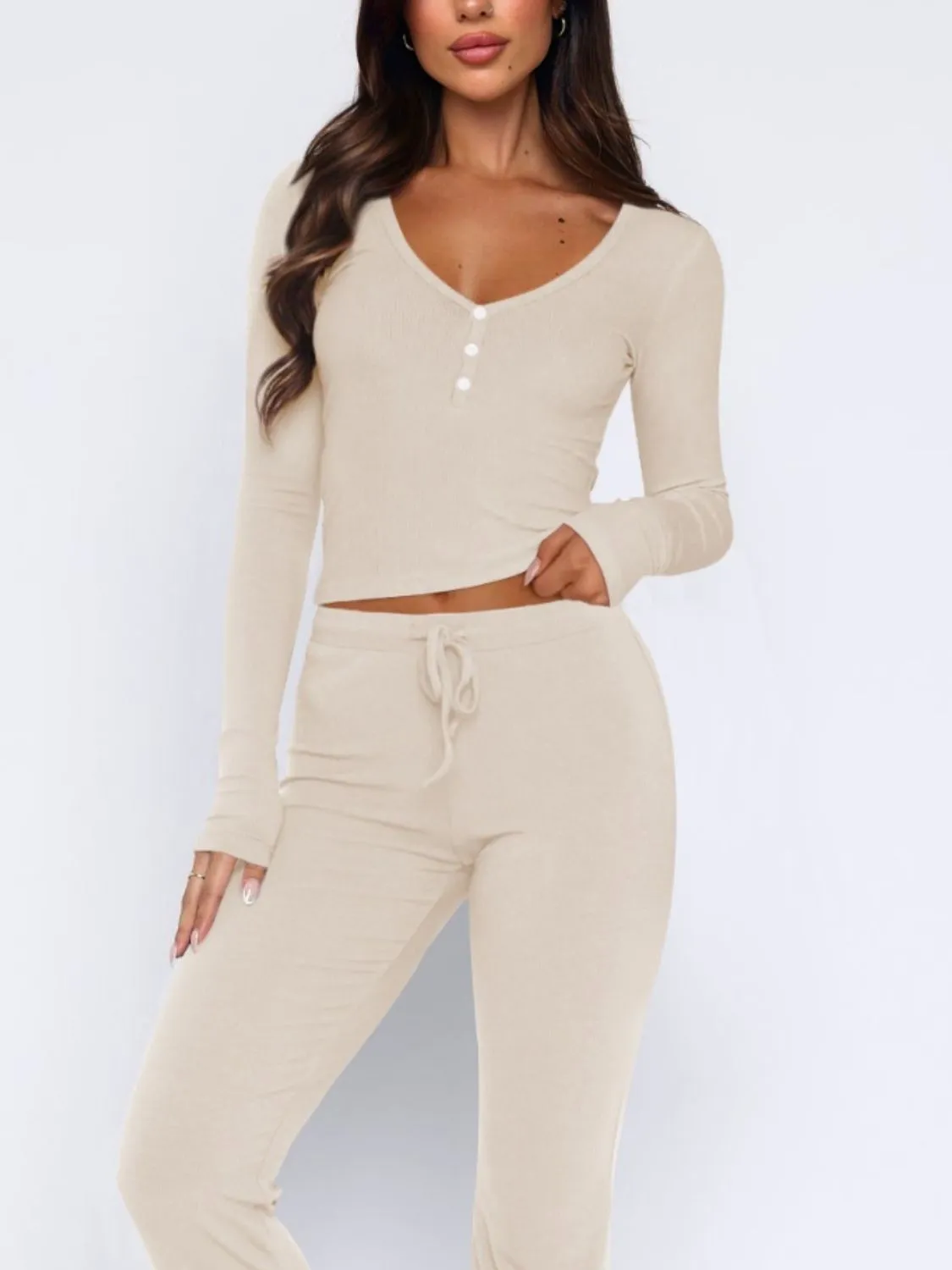 V-Neck Long Sleeve Top and Pants Set