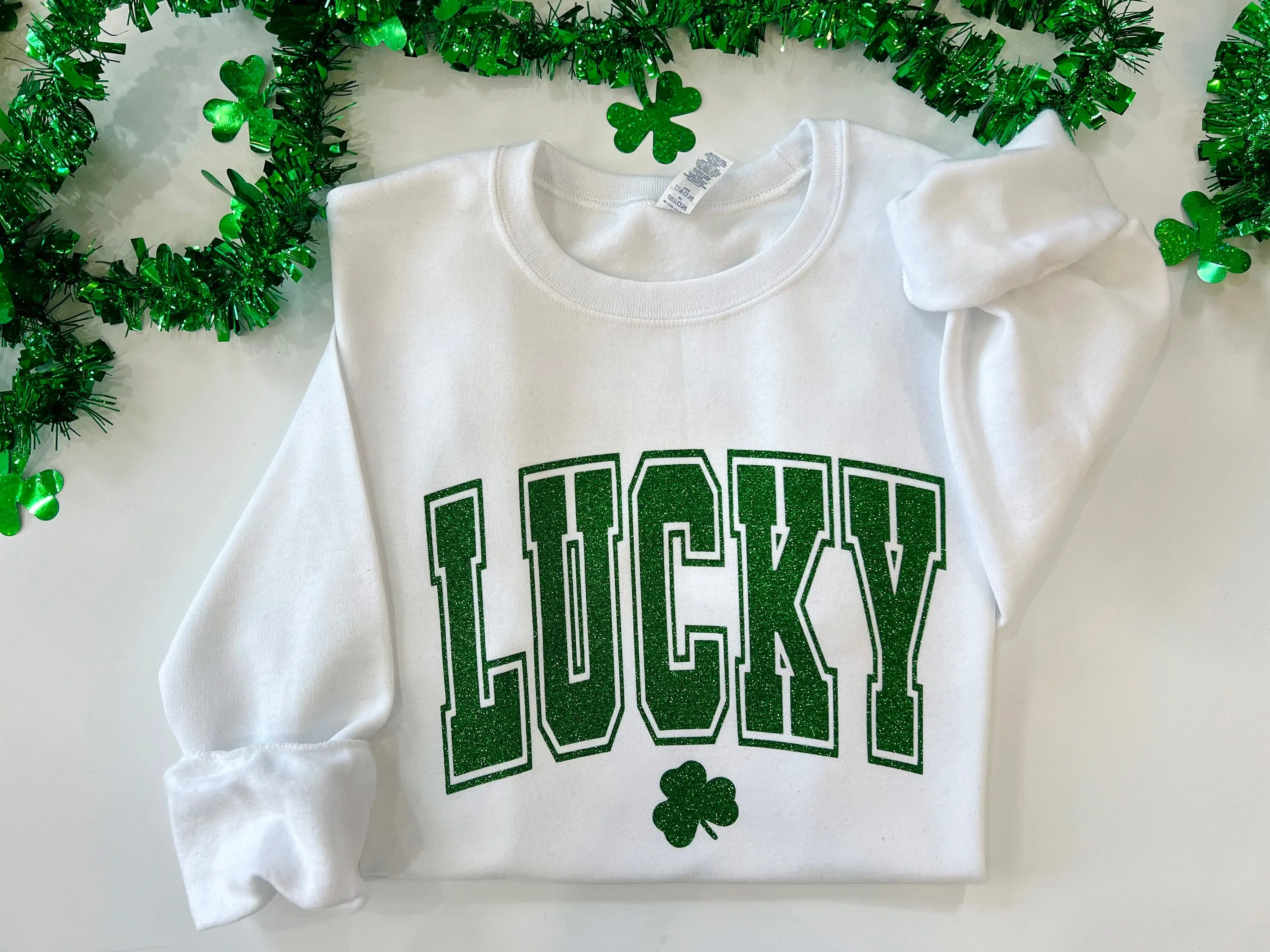 Varsity lucky crewneck, glitter St. Patricks day shirt, clover glitter st. paddys day sweater, Lucky with shamrock top, irish parade shirt