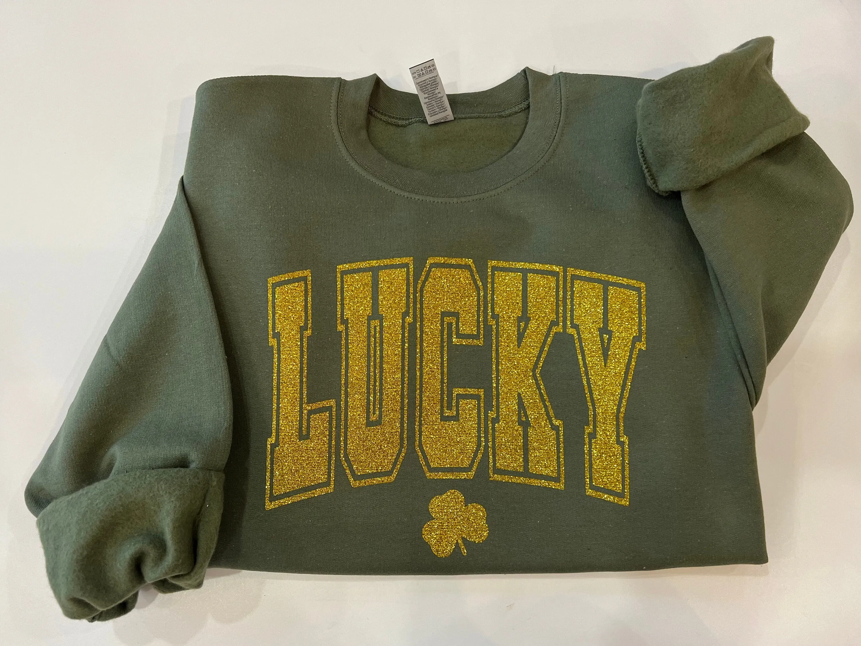 Varsity lucky crewneck, glitter St. Patricks day shirt, clover glitter st. paddys day sweater, Lucky with shamrock top, irish parade shirt