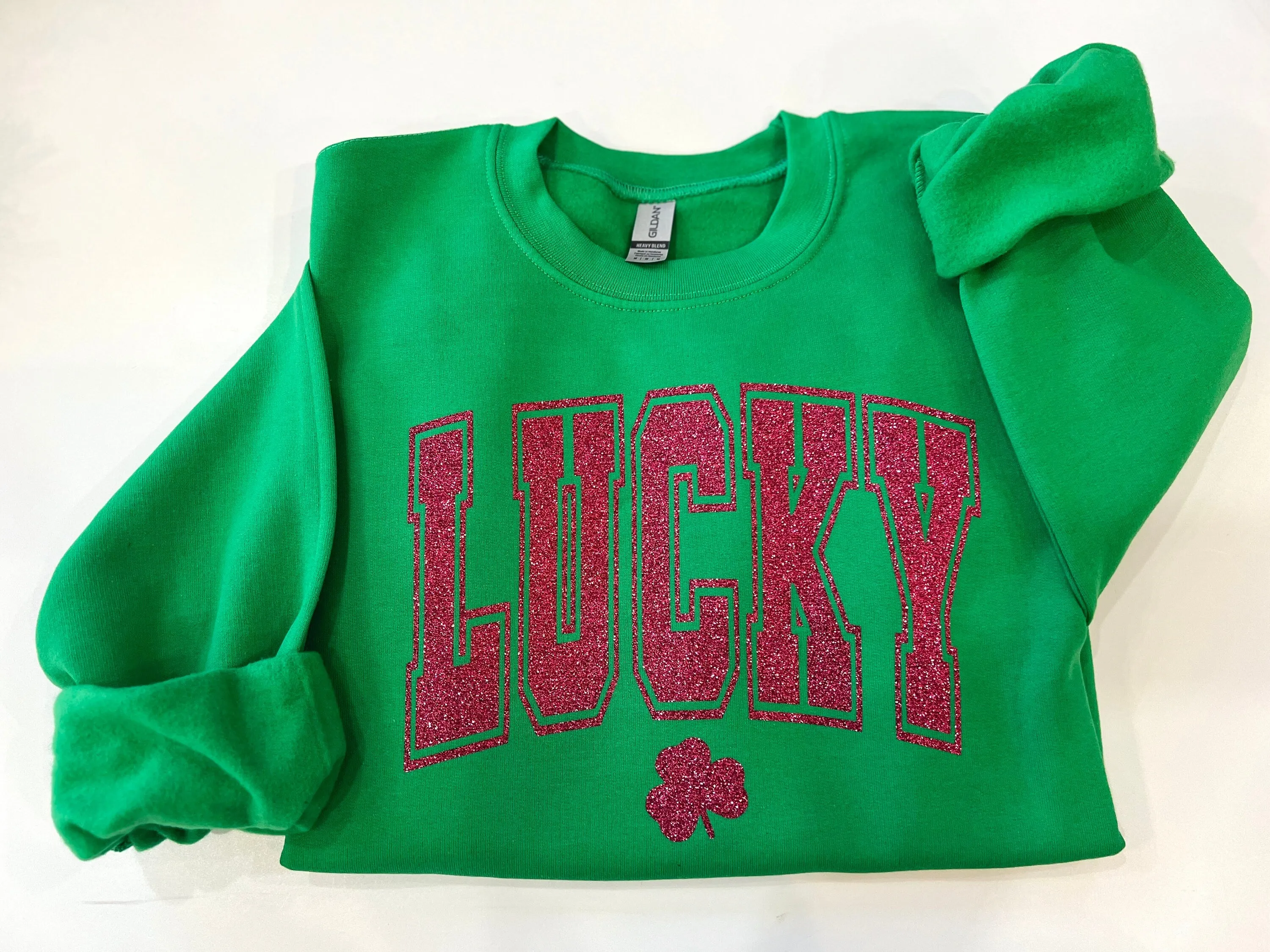 Varsity lucky crewneck, glitter St. Patricks day shirt, clover glitter st. paddys day sweater, Lucky with shamrock top, irish parade shirt