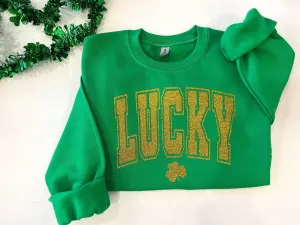 Varsity lucky crewneck, glitter St. Patricks day shirt, clover glitter st. paddys day sweater, Lucky with shamrock top, irish parade shirt