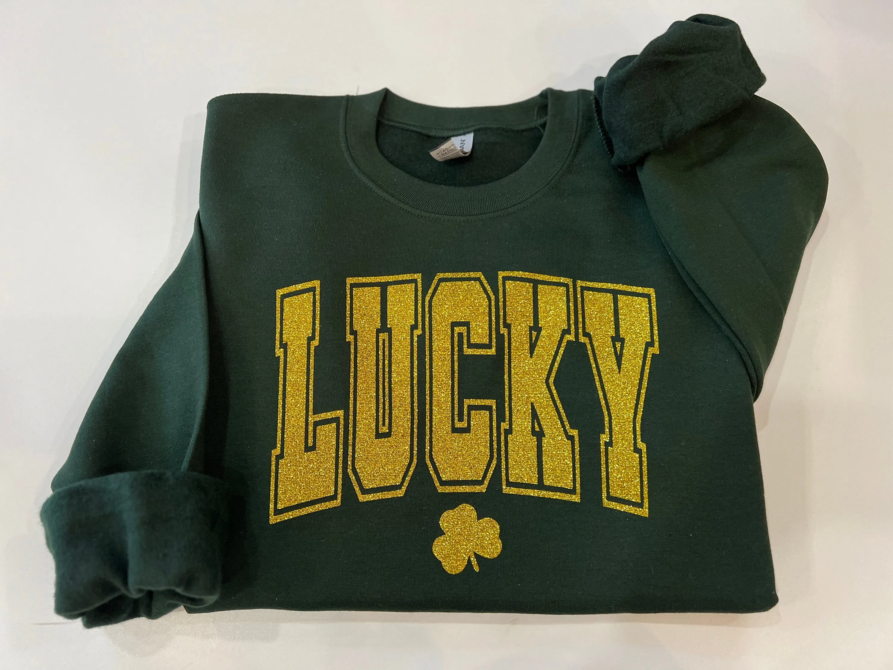 Varsity lucky crewneck, glitter St. Patricks day shirt, clover glitter st. paddys day sweater, Lucky with shamrock top, irish parade shirt