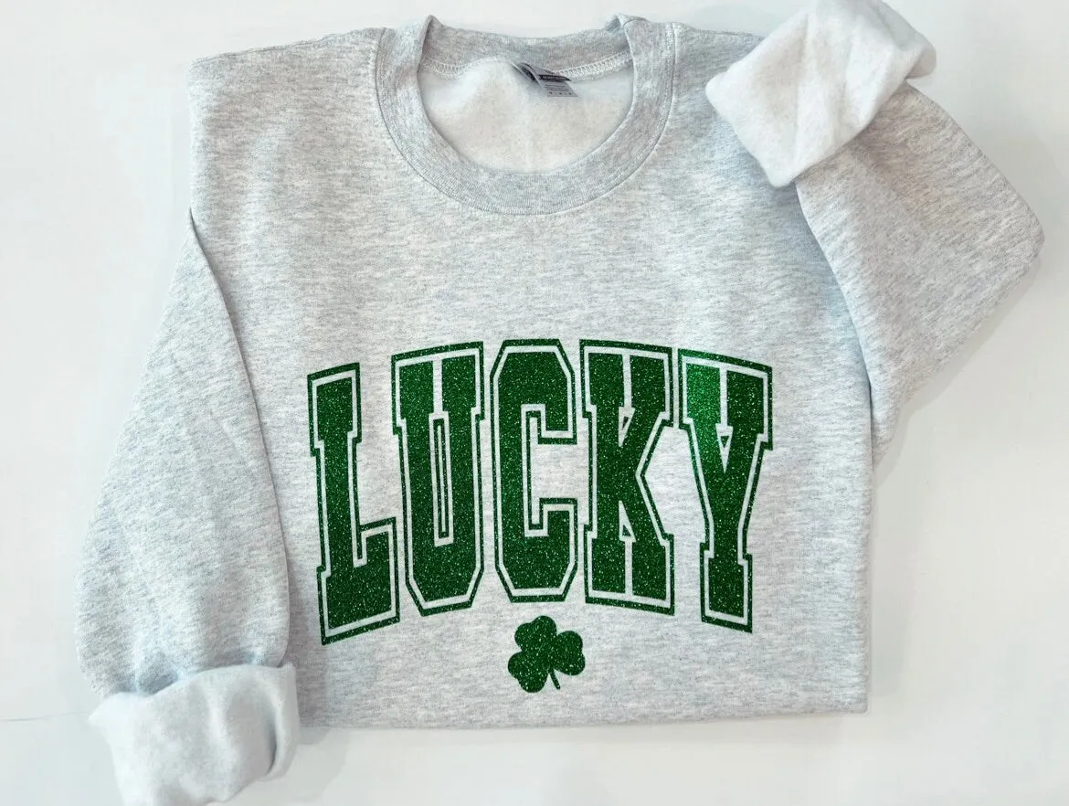Varsity lucky crewneck, glitter St. Patricks day shirt, clover glitter st. paddys day sweater, Lucky with shamrock top, irish parade shirt