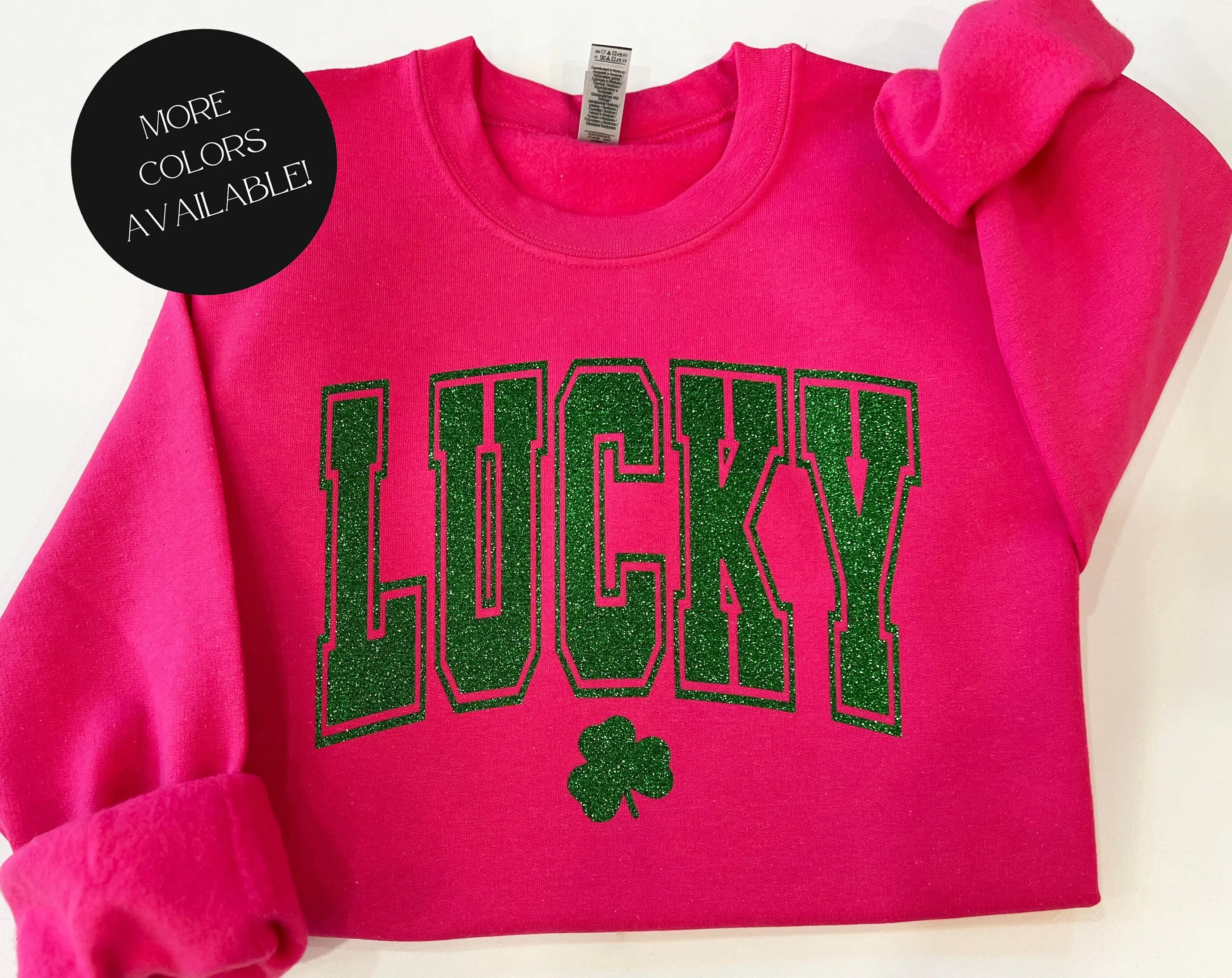 Varsity lucky crewneck, glitter St. Patricks day shirt, clover glitter st. paddys day sweater, Lucky with shamrock top, irish parade shirt