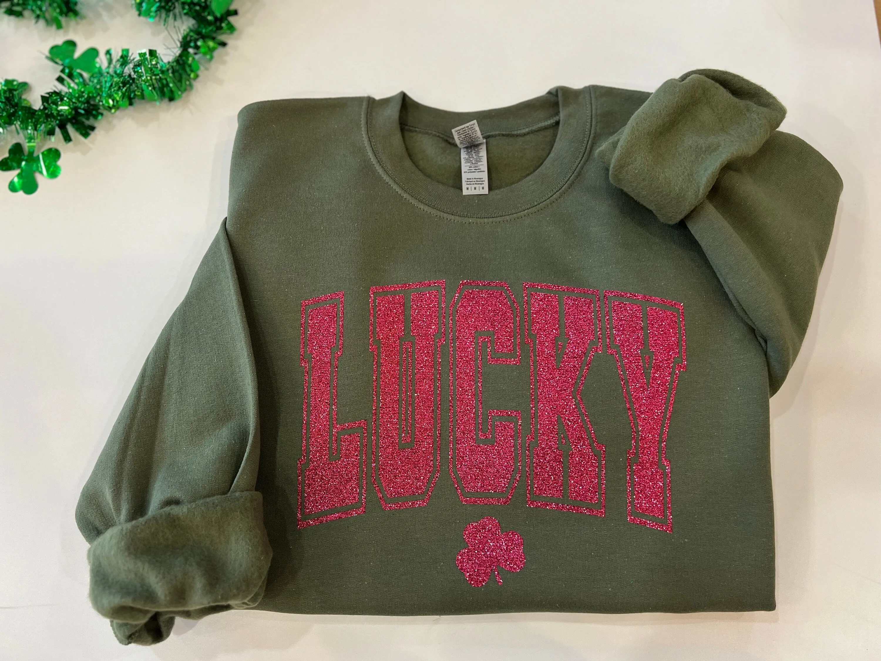 Varsity lucky crewneck, glitter St. Patricks day shirt, clover glitter st. paddys day sweater, Lucky with shamrock top, irish parade shirt