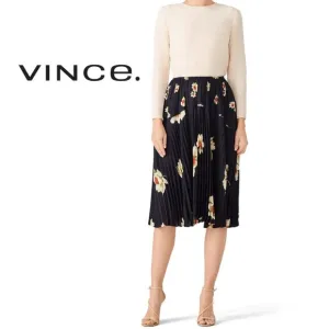 VINCE Gardenia Pleated Midi Skirt w/ Elastic Waistband