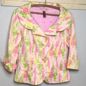 Vintage 90s Just In Time Pink Green Dress Jacket Bright 1950s Fashion Print Sz M