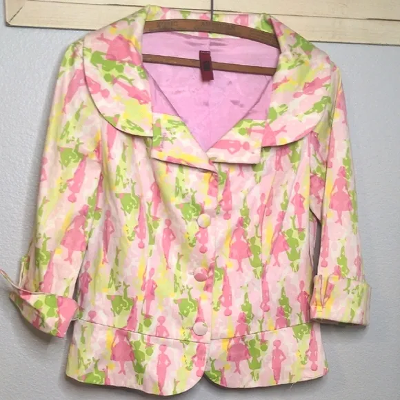Vintage 90s Just In Time Pink Green Dress Jacket Bright 1950s Fashion Print Sz M