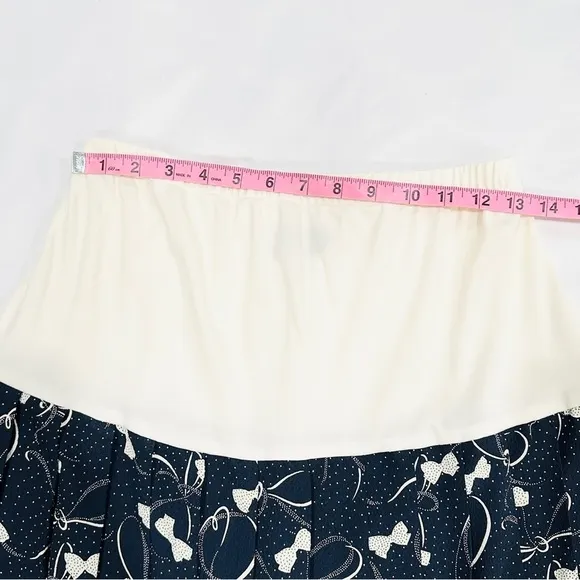 Vintage Allisia Drop Waist Cream Navy Bows Ribbons Printed Pleated Skirt