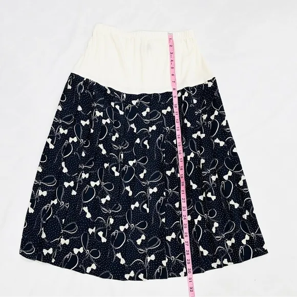Vintage Allisia Drop Waist Cream Navy Bows Ribbons Printed Pleated Skirt
