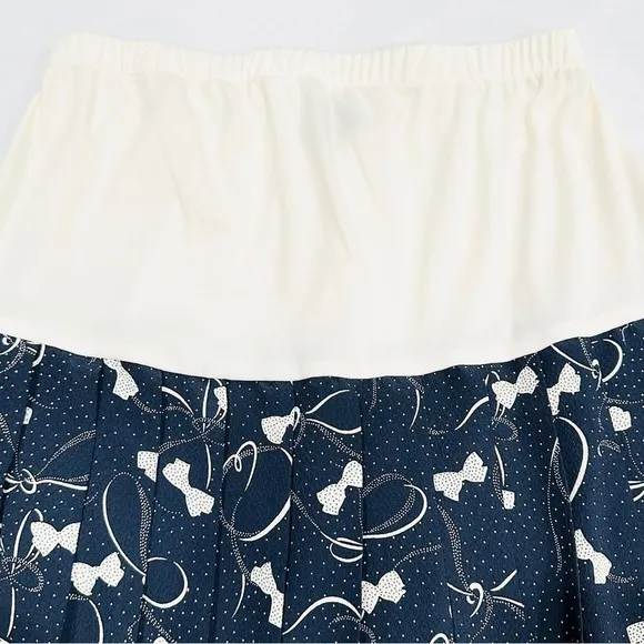 Vintage Allisia Drop Waist Cream Navy Bows Ribbons Printed Pleated Skirt