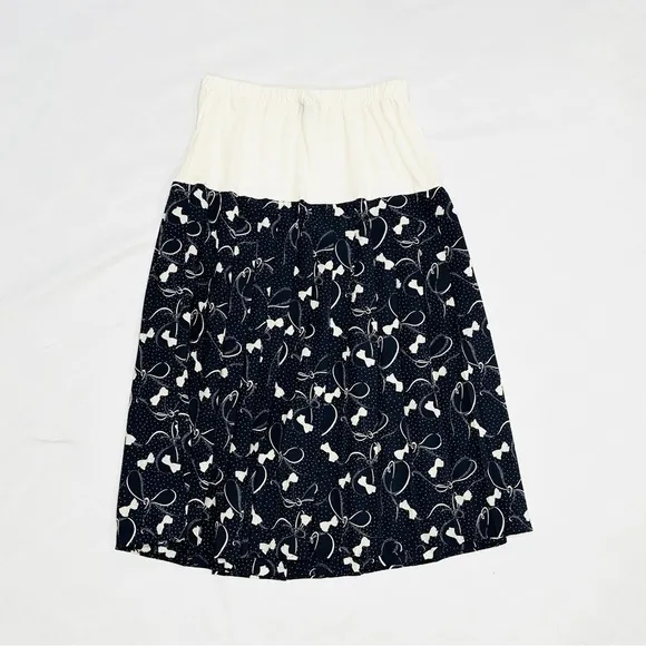 Vintage Allisia Drop Waist Cream Navy Bows Ribbons Printed Pleated Skirt