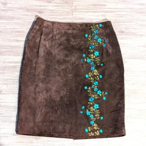 Vintage Bob Mackie Fall Brown Suede Embroidered A-Line Skirt | Size 10