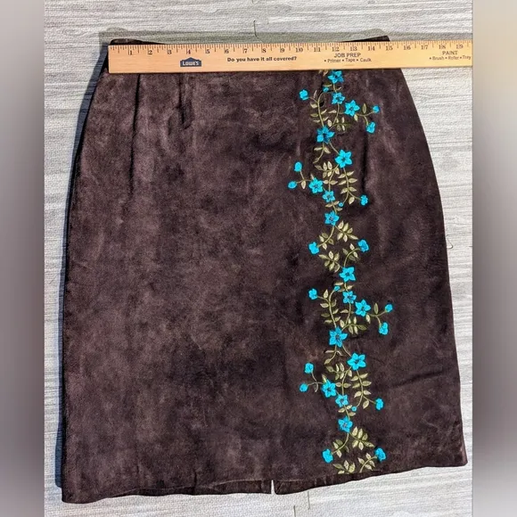 Vintage Bob Mackie Fall Brown Suede Embroidered A-Line Skirt | Size 10
