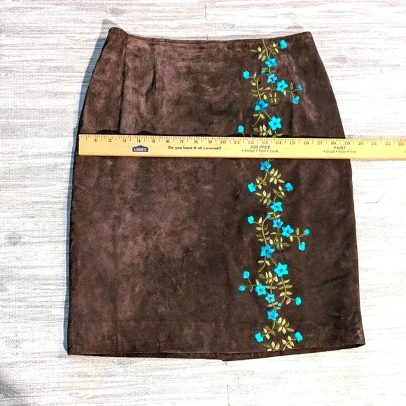 Vintage Bob Mackie Fall Brown Suede Embroidered A-Line Skirt | Size 10