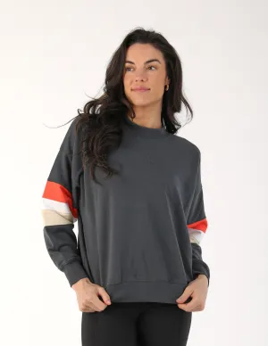 Vintage Oversized Crew: Carbon with Hot Coral/White/Oatmilk Stripes