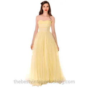 Vtg 1950s Strapless Yellow Tulle  Prom Party Evening Gown Dress SIZE S 32-22-Free