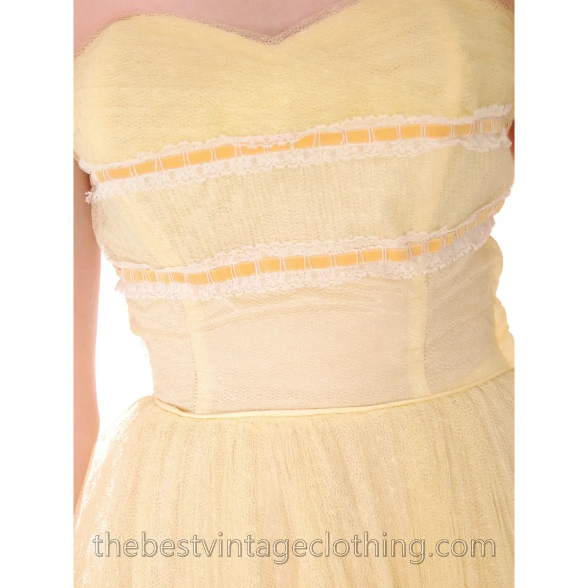 Vtg 1950s Strapless Yellow Tulle  Prom Party Evening Gown Dress SIZE S 32-22-Free