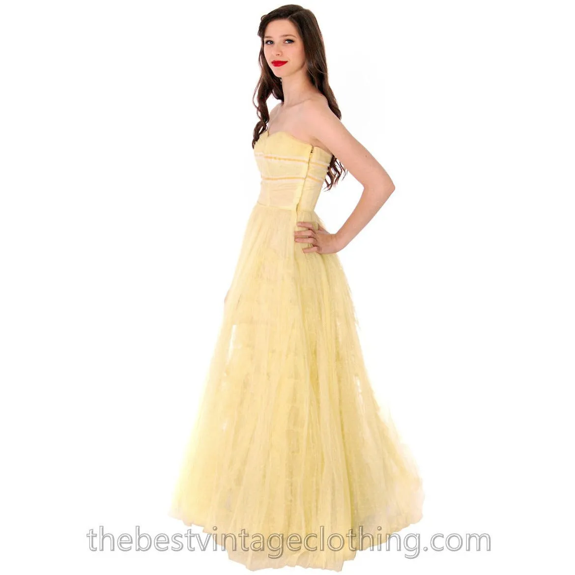 Vtg 1950s Strapless Yellow Tulle  Prom Party Evening Gown Dress SIZE S 32-22-Free