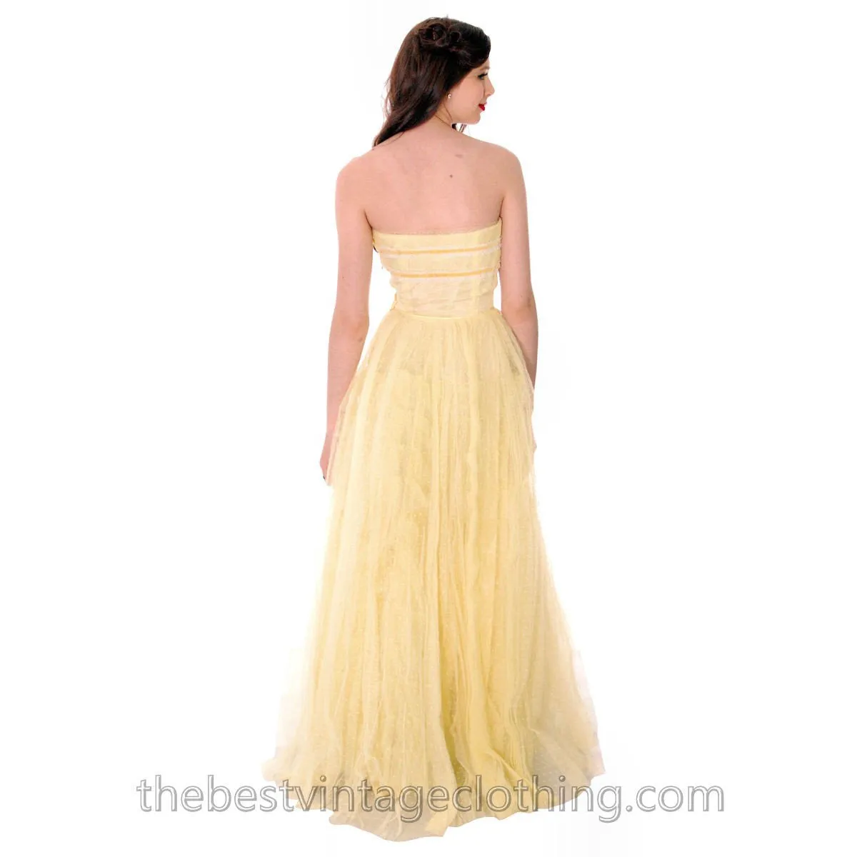 Vtg 1950s Strapless Yellow Tulle  Prom Party Evening Gown Dress SIZE S 32-22-Free