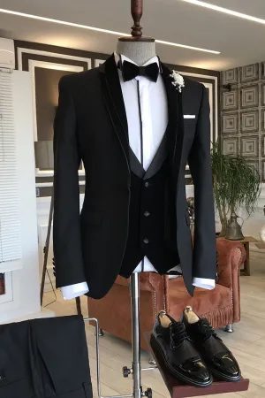 Well-cut 3-pieces Black Shawl Lapel Slim Fit wedding tuxedos For Grooms