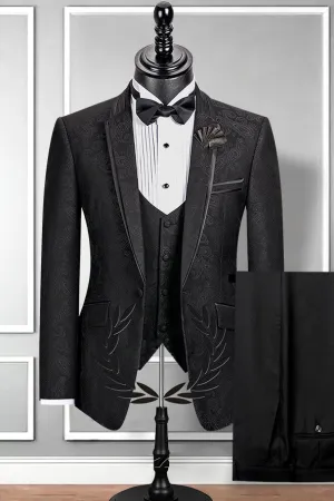 Well-cut Notch Lapel Black Groom Suit Slim Fit Jacquard Wedding Tuxedo