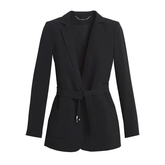 WHBM Long Black Drapey Belted Jacket Blazer Size 4