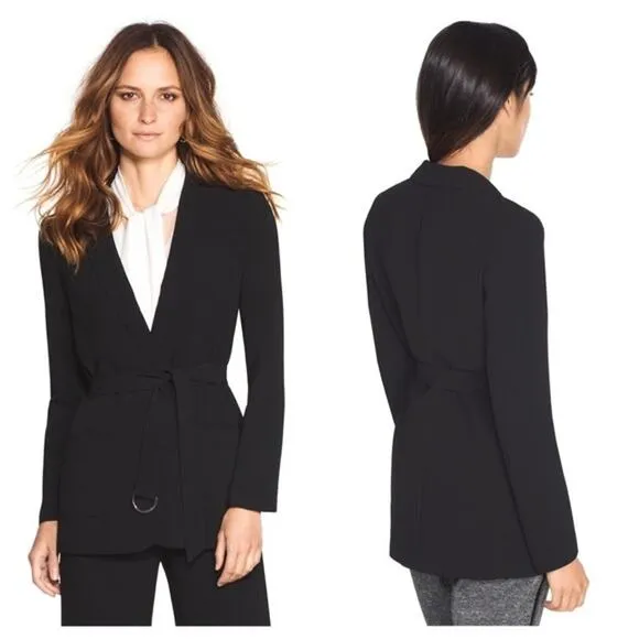 WHBM Long Black Drapey Belted Jacket Blazer Size 4