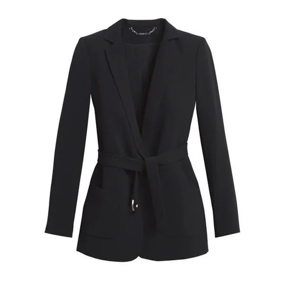 WHBM Long Black Drapey Belted Jacket Blazer Size 4