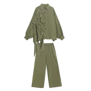 Wide Leg Pants Ruffles Big Size Two Piece Women Suit