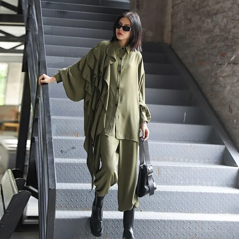 Wide Leg Pants Ruffles Big Size Two Piece Women Suit