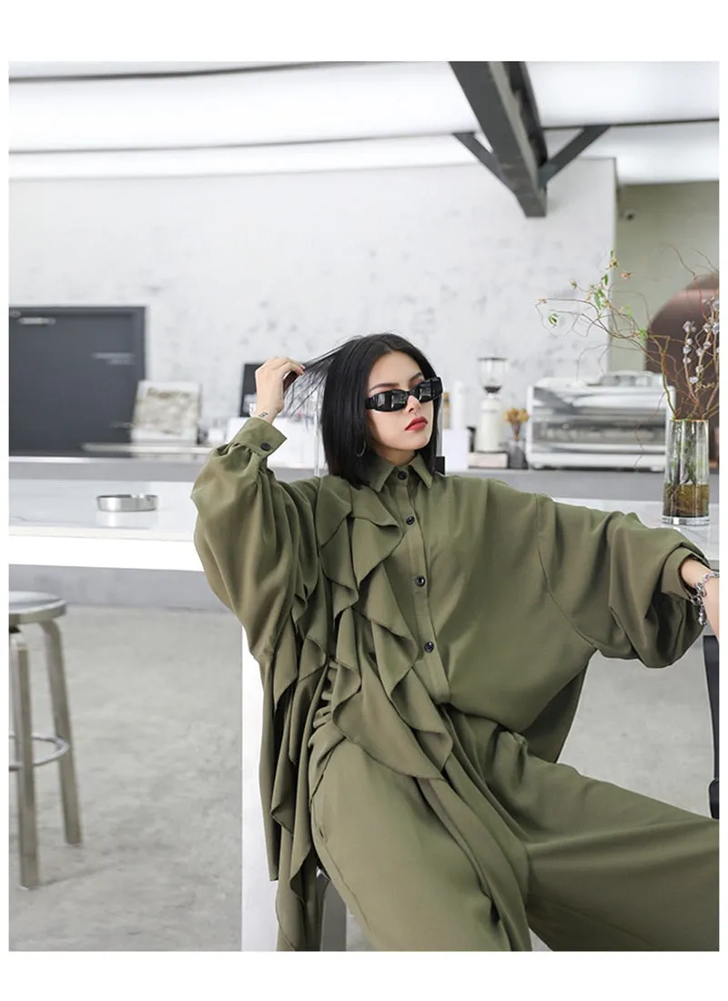 Wide Leg Pants Ruffles Big Size Two Piece Women Suit